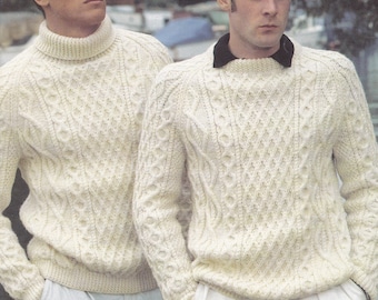 PDF Men's cable aran polo sweater crew neck vintage knitting pattern pdf INSTANT download men's cable only pdf English only
