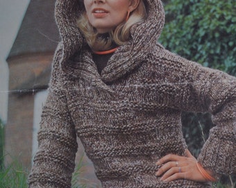 Ladys chunky hooded jumper vintage knitting pattern pdf download pattern only pdf 1970s English only