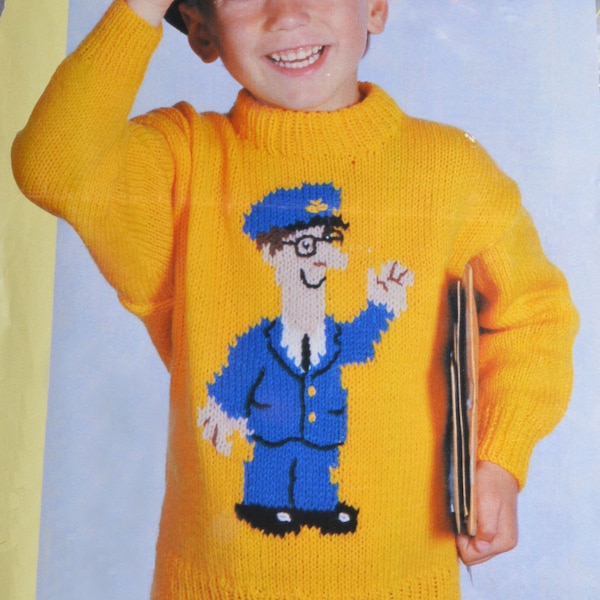 PDF kids postman pat jumper sweater vintage knitting pattern pdf INSTANT download pattern only 22 24 26 28 inches English only