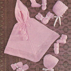 Vintage knitting pattern baby hooded poncho mitts bootees bonnet pdf INSTANT download pattern only pdf
