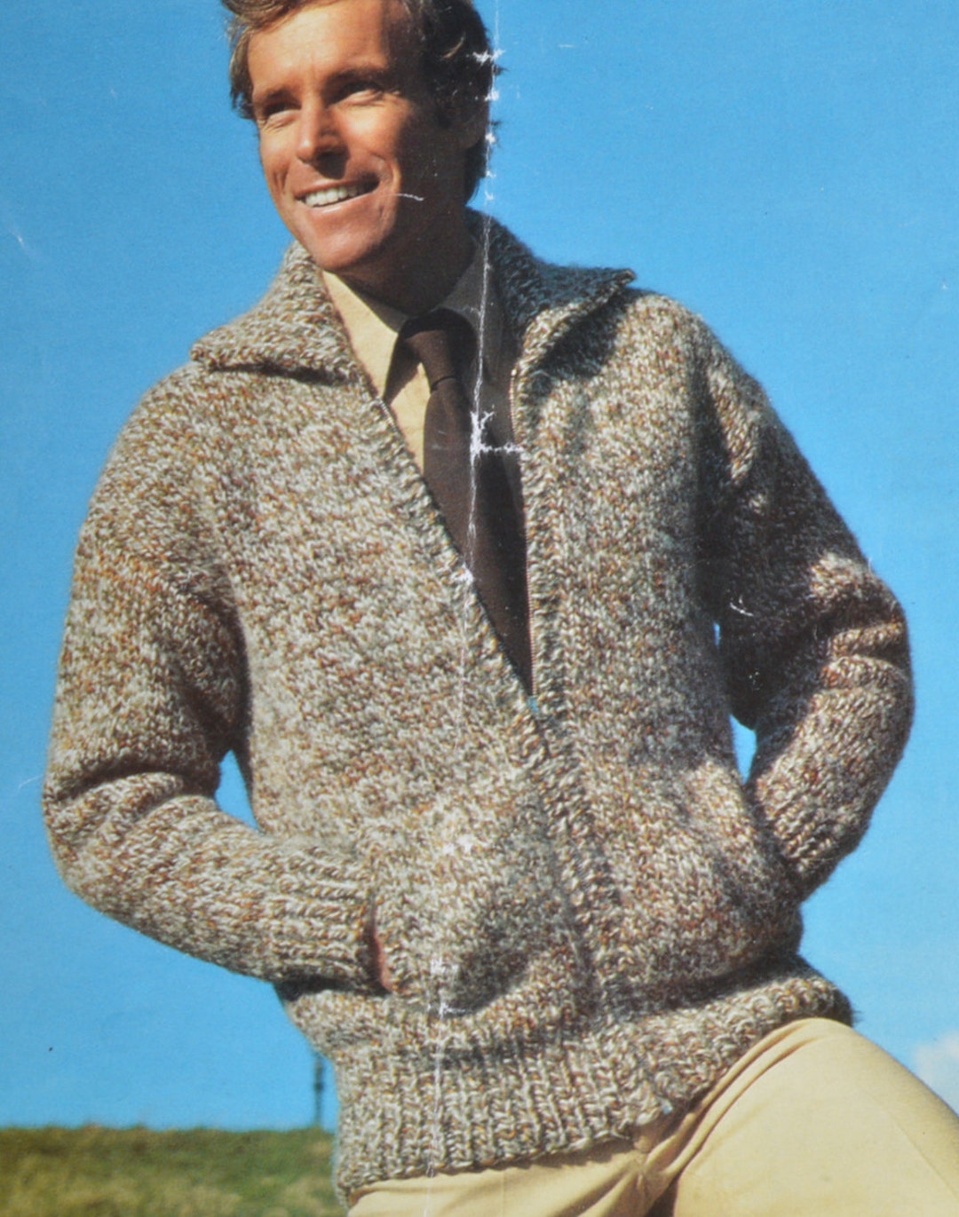 Men's Zip up Cardigan Bomber Jacket Vintage Knitting Pattern Pdf