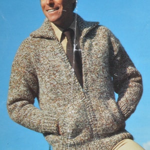 Men&#39;s zip up cardigan bomber jacket vintage knitting pattern pdf INSTANT download pattern only pdf 1970s English only