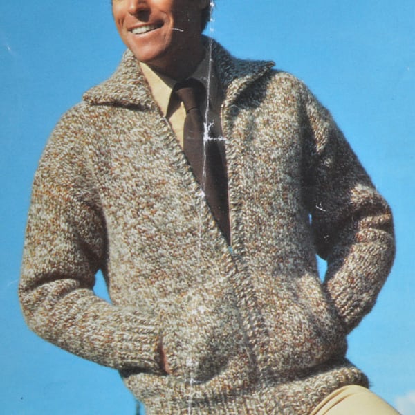 Men's zip up cardigan bomber jacket vintage knitting pattern pdf INSTANT download pattern only pdf 1970s English only