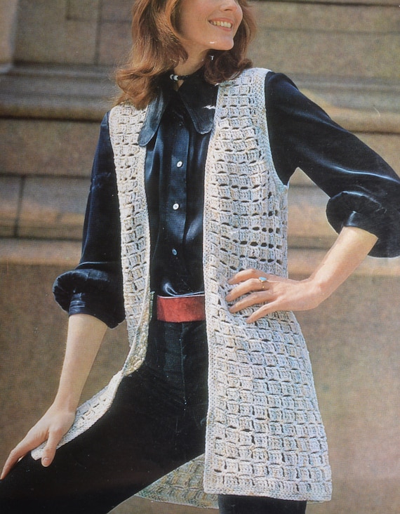 Vintage Crochet Pattern Sleeveless Long Jacket Waistcoat Tunic Pdf
