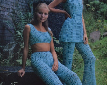 Womens crochet trouser suit vintage crochet pattern trouser suit jacket crop top bra pdf INSTANT download pattern only 1970s English only