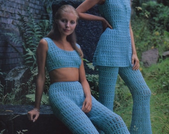 Womens crochet trouser suit vintage crochet pattern trouser suit jacket crop top bra pdf INSTANT download pattern only 1970s English only