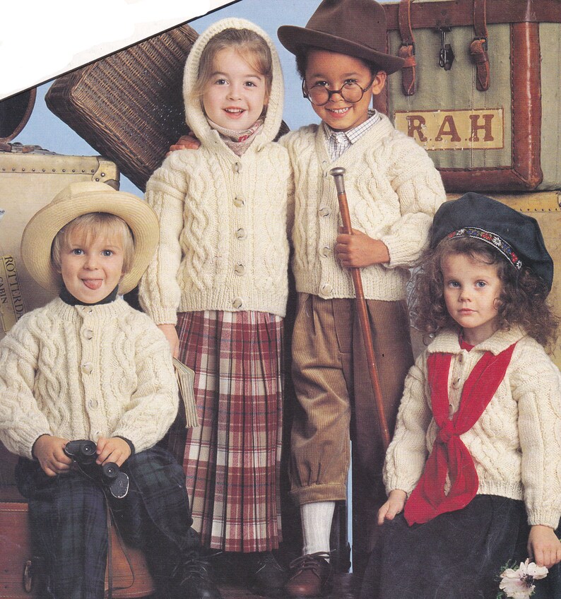 Cute cable aran cardigan jacket boy girl hooded sizes 20 to 28 inches vintage knitting pattern pdf INSTANT download pattern English only image 1