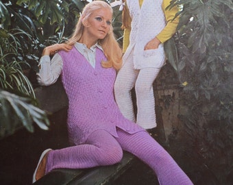 Womens crochet trouser suit vintage crochet pattern trouser suit flared trousers sleeveless jacket pdf INSTANT download pattern only