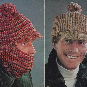 Vintage knitting pattern men's hat hats balaclava peaked cap pdf INSTANT download pattern only pdf 1970s English only