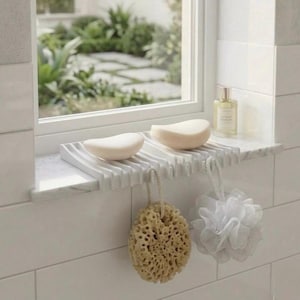 Soap Dish with Drainage and Multi-Use Hook, Bathroom Sink Organizer