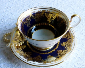 Vintage Aynsley Cobalt Gold Teacup & Saucer, English Bone China, Navy Gold Teacup, Blue Gold Teacup, Vintage Teacup Set, Vintage Gift, Wide