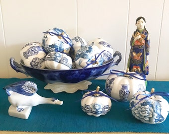 Decoupage Faux Pumpkins, Blue and White Chinoiserie Home Decor, Handmade Fall Thanksgiving Display, Set of 12