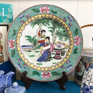 Nora Fenton Design Plate, Chinese Enamel Painted Chinoiserie Decor, Handpainted Ladies Garden Scene, Pink Peonies, Made in Macau