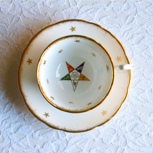 Vintage Royal Stafford Order of the Eastern Star Teacup & Saucer, English Bone China. OES Teacup, Masonic Teacup, Five Pointed Star Teacup