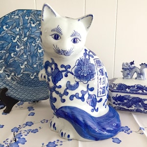 10&quot; Chinese Cat Figurine, Blue and White Ceramic Cat, Mantle Cat, Asian Oriental Shelf Cat, Cat Decor, Chinoiserie Cat Figurine, Cat Styling