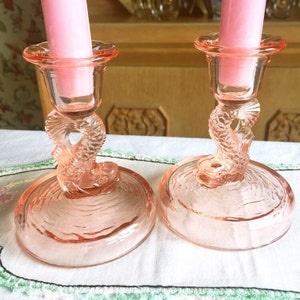 Pair of Tiffin Glass Company Pink Koi / Dolphin Candlestick Holders, 4-1/2” Height. Dinner Party Lighting, Romantic Dining,