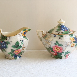 Crown Ducal 'Ascot' Floral Chintz Creamer & Sugar Bowl with lid Set, England. Vintage Tea Party, Antique Tea Gift