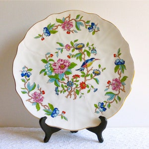 Aynsley 10-1/2" 'Pembroke' Cake Serving Plate, England. Chinoiserie Bird, Oriental Bird, Bluebird, Pink Blue Florals