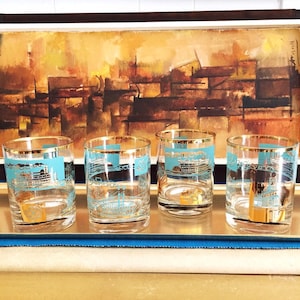4 Mid century Southern Comfort ‘Steamboat’ 15 1/2 oz. Double Old Fashioned Bar Glasses, 1963, USA. Turkusowo-złote naczynia barmańskie, szklanki do wózków barowych