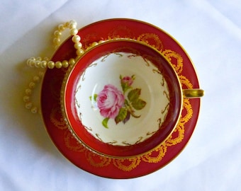 Tasse à thé et soucoupe Aynsley rose chou rose vintage - Service à thé Angleterre à bordures dorées