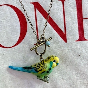 Porcelain Parakeet  Pendant Necklace with Brass chain Boho