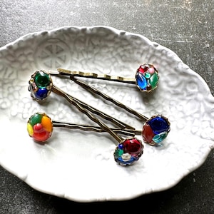 Antique Vintage German Glass Medley in Brass setting MOD Hair Pin