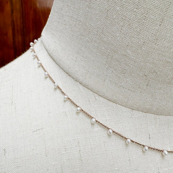 Silk cord thread crocheted pearls necklace