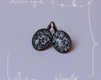 Hand painted * oval earrings * lever BO * black scrolls *.