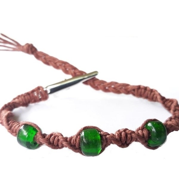 Green Glass Beaded with brown hemp Adjustable Alligator Clip Bracelet ATM Card Holder