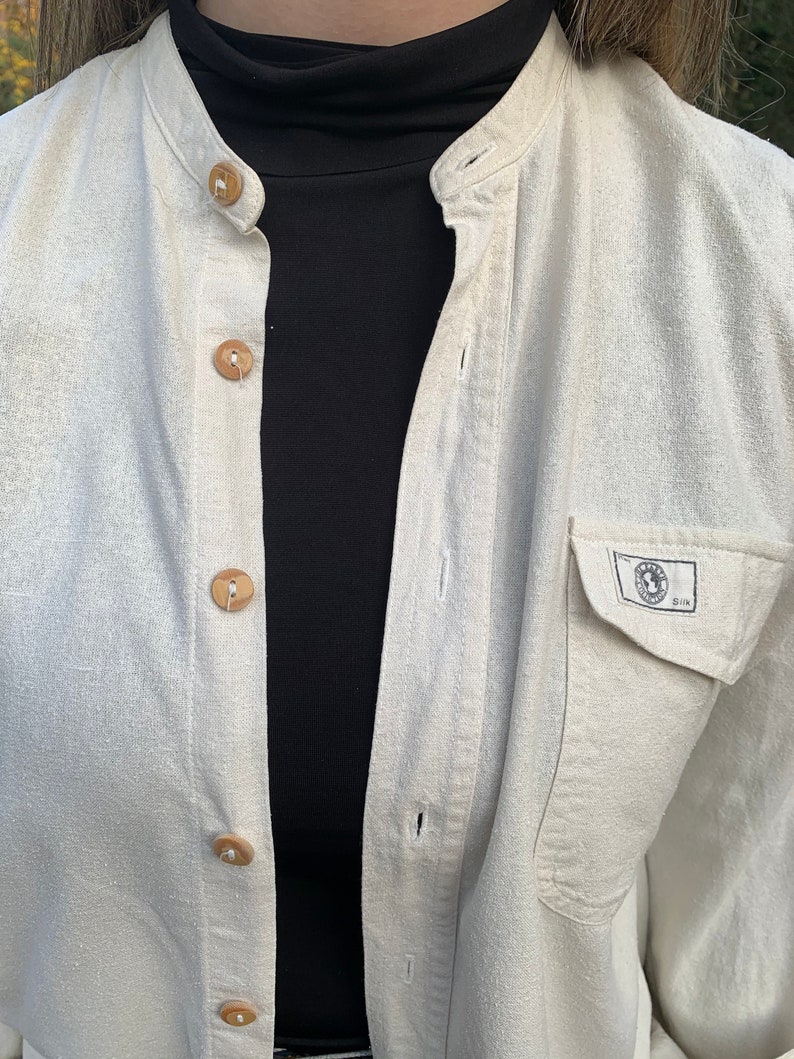 Vintage Raw Silk Blouse Shirt Classical Style 1990s for Women Size M UK 14 Natural Silk 100 /% Retro Fashion Eco Style