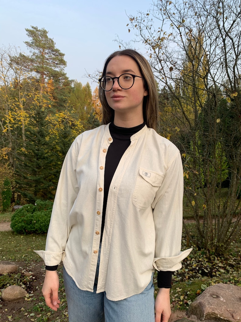 Vintage Raw Silk Blouse Shirt Classical Style 1990s for Women Size M UK 14 Natural Silk 100 /% Retro Fashion Eco Style