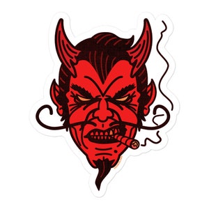 May include: A red devil sticker with a detailed illustration. The devil has horns, a goatee, and a mustache. He is smoking a cigar. The sticker has a white border and is on a white background.