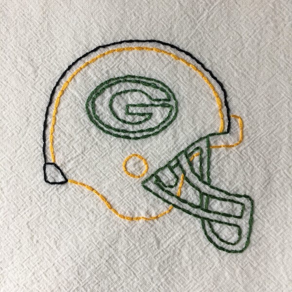 Flour sack dish towel, hand embroidered: Green Bay Packers football