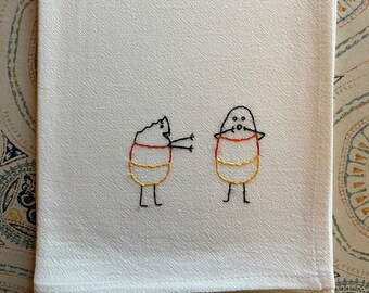 Flour sack dish towel, hand embroidered: Halloween zombie candy corn