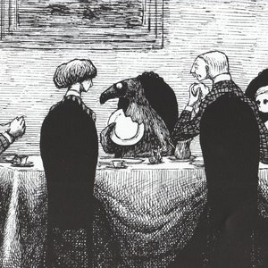 Póster de Edward Gorey: El huésped dudoso. Póster vintage coleccionable de Edward Gorey. Litografía gótica de Edward Gorey (15x10 pulgadas). Arte gótico macabro.