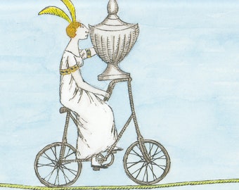 May include: An illustration depicts a person riding a bicycle across a tightrope, balancing a large urn. The scene includes a cloudy abyss below and a small tree on a cliff. The text at the bottom reads, "on the Bicycle of Propriety, carrying the Urn of Reputation safely over the Abyss of Indiscretion."