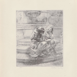 May include: A black and white drawing of two people sitting on a stone bench. The people are dressed in clothing from a past era. The drawing is signed "Robert Sauber" in the bottom right corner.