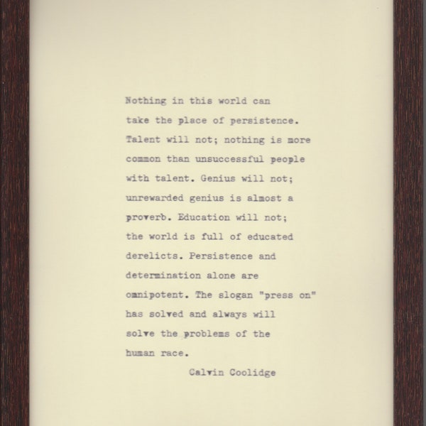 Calvin Coolidge citation inspirante"Persistence » citation de machine à écrire vintage citation de machine à écrire. Citation rétro vintage encadrée sur du papier cartonné lourd