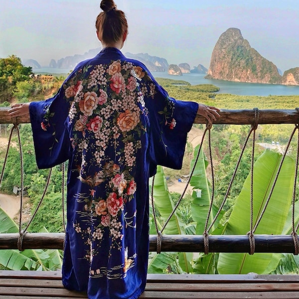 Vintage 20s-30s kimono hand embroidered floral Cherry Blossoms robe dress, dark blue embroidery hippie boho bohemian ethnic oriental