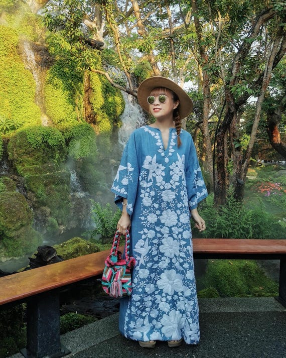 Vintage Mexican hand embroidered blue denim dress, ethnic embroidery big white bird flower hippie boho behemian Mexico