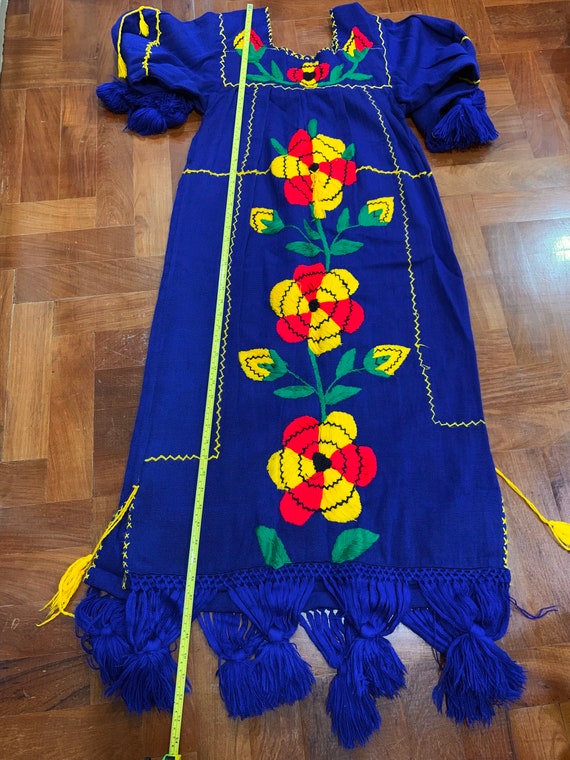 Vintage Mexican hand embroidered blue dress, tass… - image 6