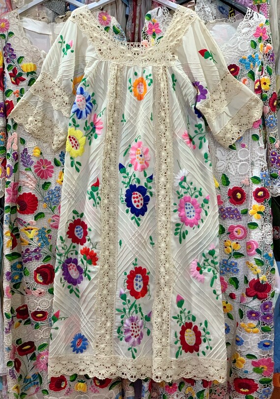 Vintage Mexican hand embroidered beige dress, cro… - image 6