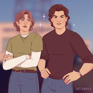 May include: Digital illustration of two people, one wearing a green t-shirt over a white long-sleeve shirt and the other in a maroon long-sleeve shirt. Both are wearing blue jeans. The background is a blurred gradient of blue and pink.