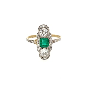 Art Deco Emerald and Diamond 18k Gold and Platinum Ring
