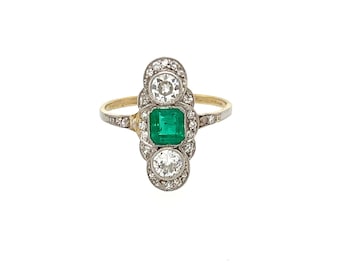 Art Deco Emerald and Diamond Milgrain Set 18k Gold and Platinum Ring