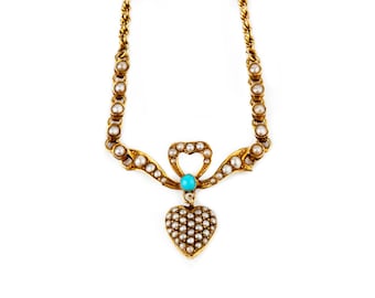 Victorian Seed Pearl and Turquoise Necklace, Antique, 15 Karat Gold, Puffy Heart
