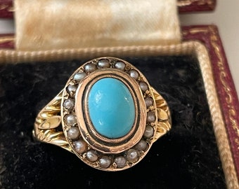 Victorian 18ct Gold Turquoise and Pearl Ring