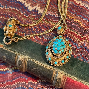 Antique Early Victorian Late Georgian 15ct Gold and Turquoise Pendant and Chain with Ornate Clasp