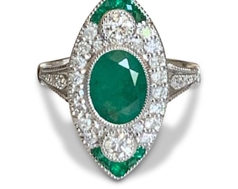 Emerald and Diamond Marquise Shaped Ring