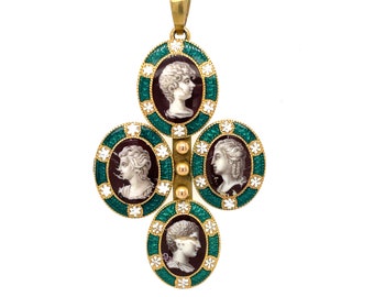 May include: A gold pendant with four oval medallions featuring cameo portraits of people. Each medallion is surrounded by a green enamel border with white enamel accents.
